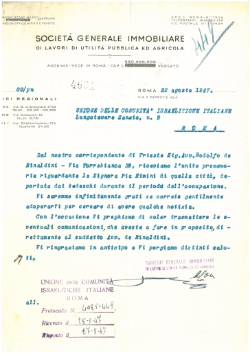 Comitato Ricerche Deportati Ebrei. Busta 44A-2: ricerca notizie di Pia Rimini di Trieste: 22.8.1947